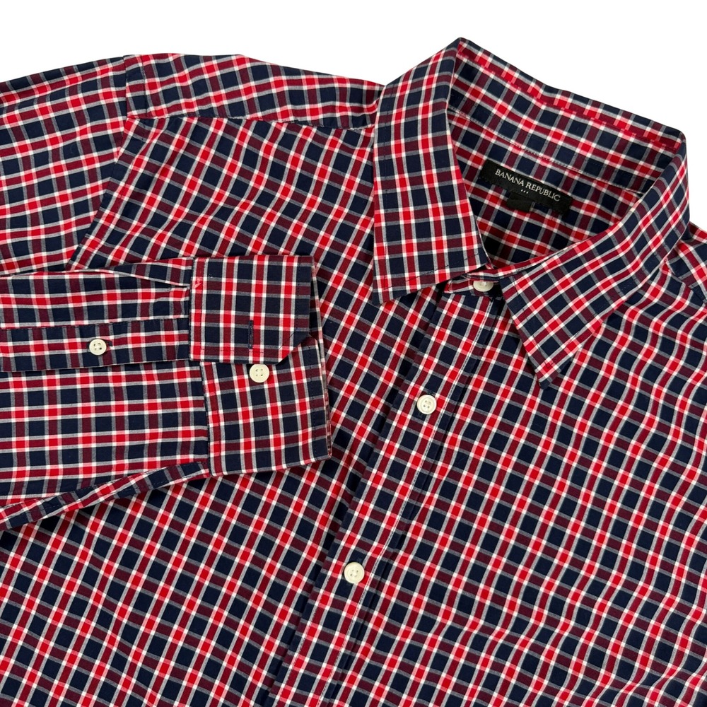 Banana Republic Shirt Check Men XL Ruby Red Plaid Cotton Button Down Long Sleeve